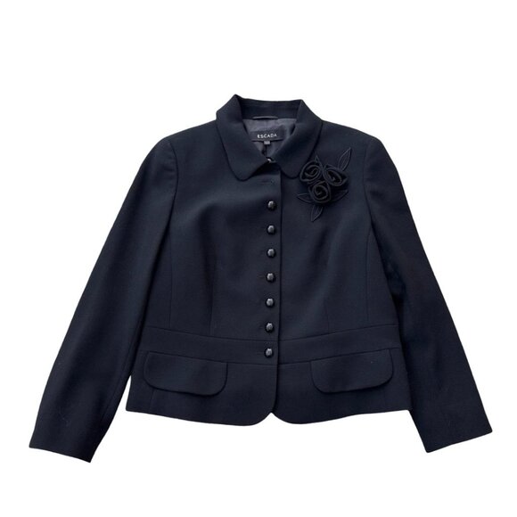 Escada black wool flower aplique blazer size 42 - Picture 2 of 11